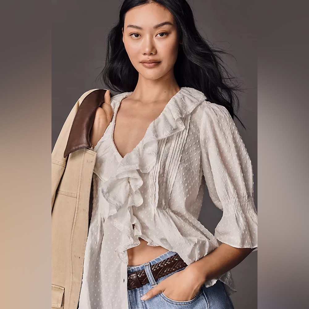 By Anthropologie White Ruffle 3/4 Sleeve Blouse